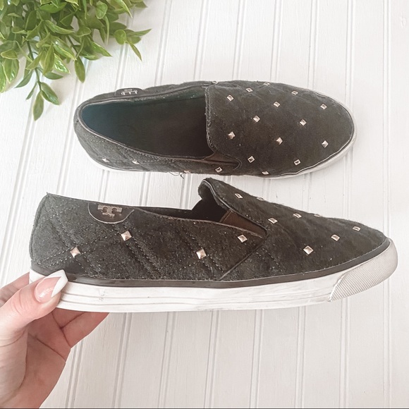 Tory Burch Shoes - Tory Burch Quilted Fabric Slip On Studded Olive Color Shoe Size 9